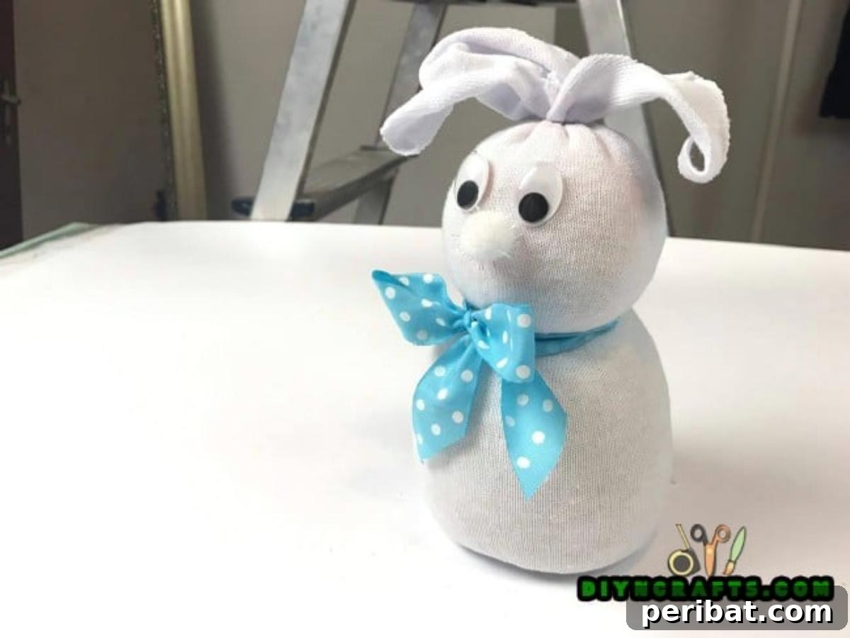 Make an Adorable Easter Bunny with an Old Sock 6 Step 3 - Adding the face and ribbon to complete your DIY sock bunny.