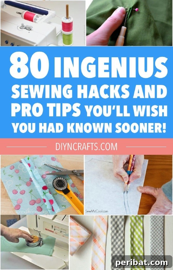 Sewing hacks collage photo for Pinterest. A visual summary of 80 ingenious tips.