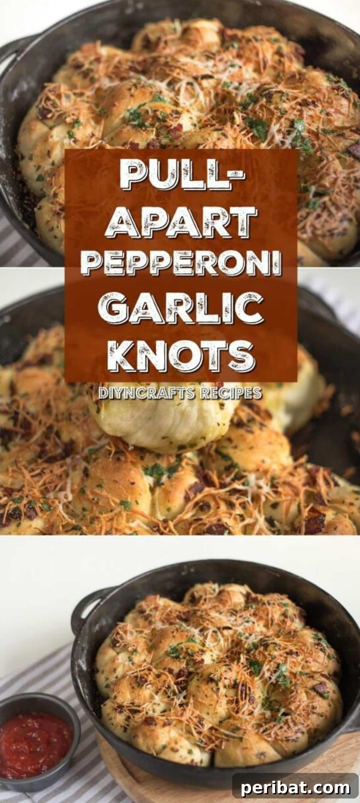 Pull-Apart Pepperoni Garlic Knots: Pure Appetizer Perfection 2 A close-up shot of golden-brown Pull-Apart Pepperoni Garlic Knots arranged in a cast iron skillet, garnished with fresh parsley, ready to be served. They are a perfect appetizer for any party or game day.