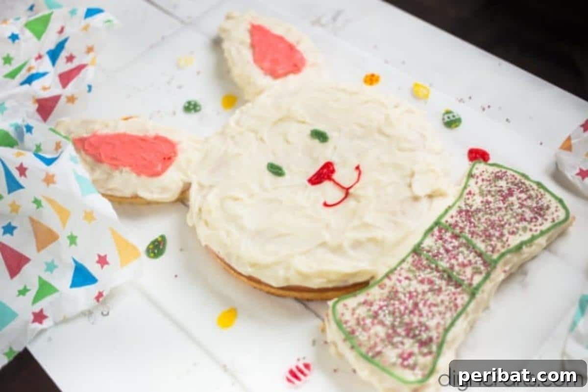 Hem Şirin Hem Lezzetli Paskalya Tavşanı Pastası Tarifi 10 The finished Easter Bunny Cake, beautifully decorated and presented, ready to be enjoyed. This adorable and delicious dessert is the highlight of any Easter celebration, promising joy and sweet memories.