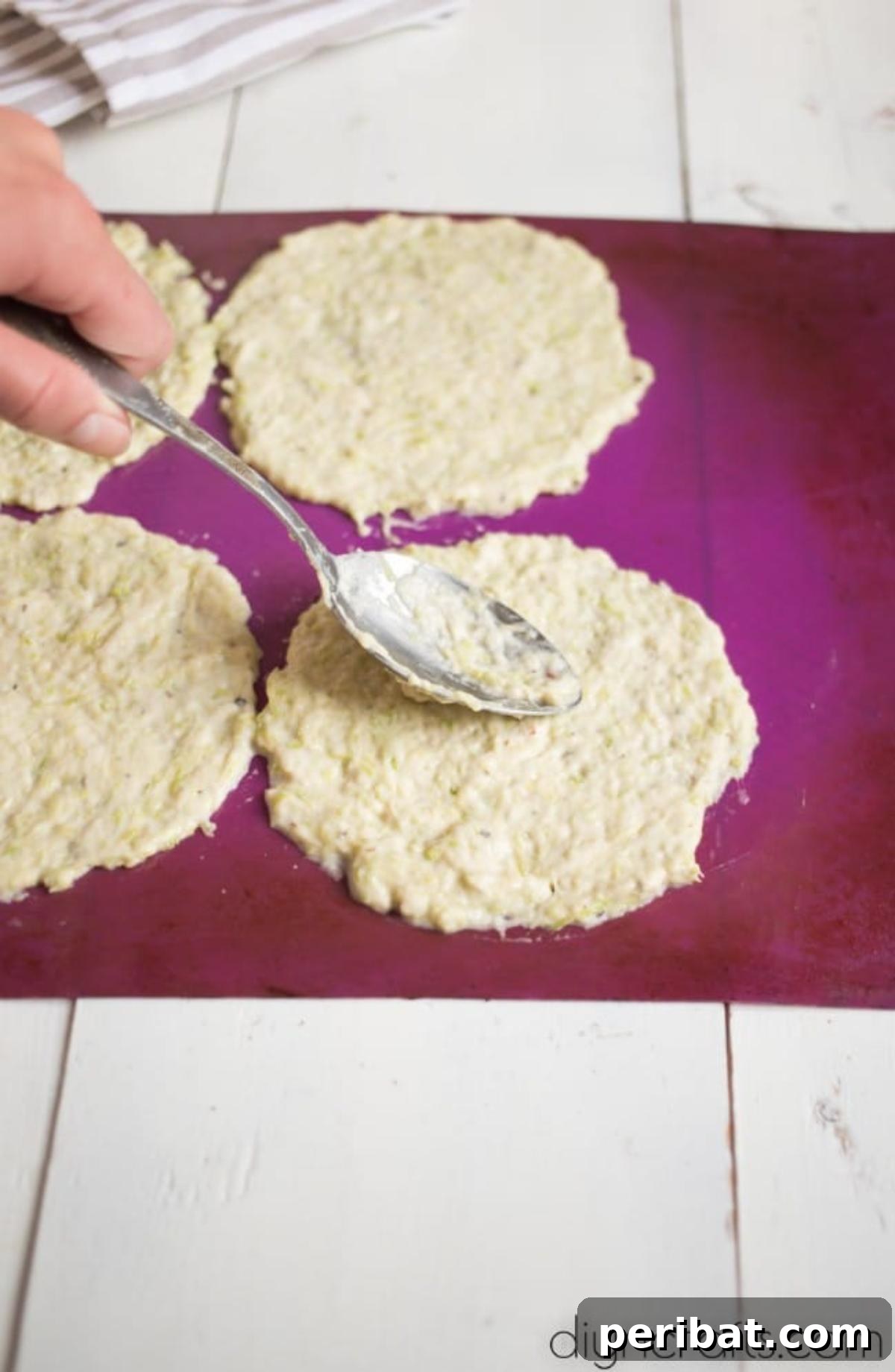 Deliciously Healthy Zucchini Tortillas Effortlessly Made 5 Spreading zucchini mixture into circles on parchment paper