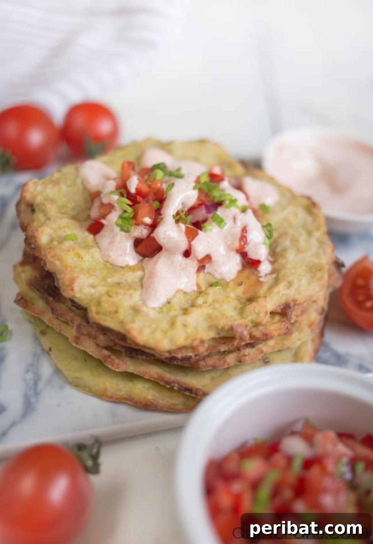 Deliciously Healthy Zucchini Tortillas Effortlessly Made 7 Finished zucchini tortillas with various toppings like salsa and sour cream