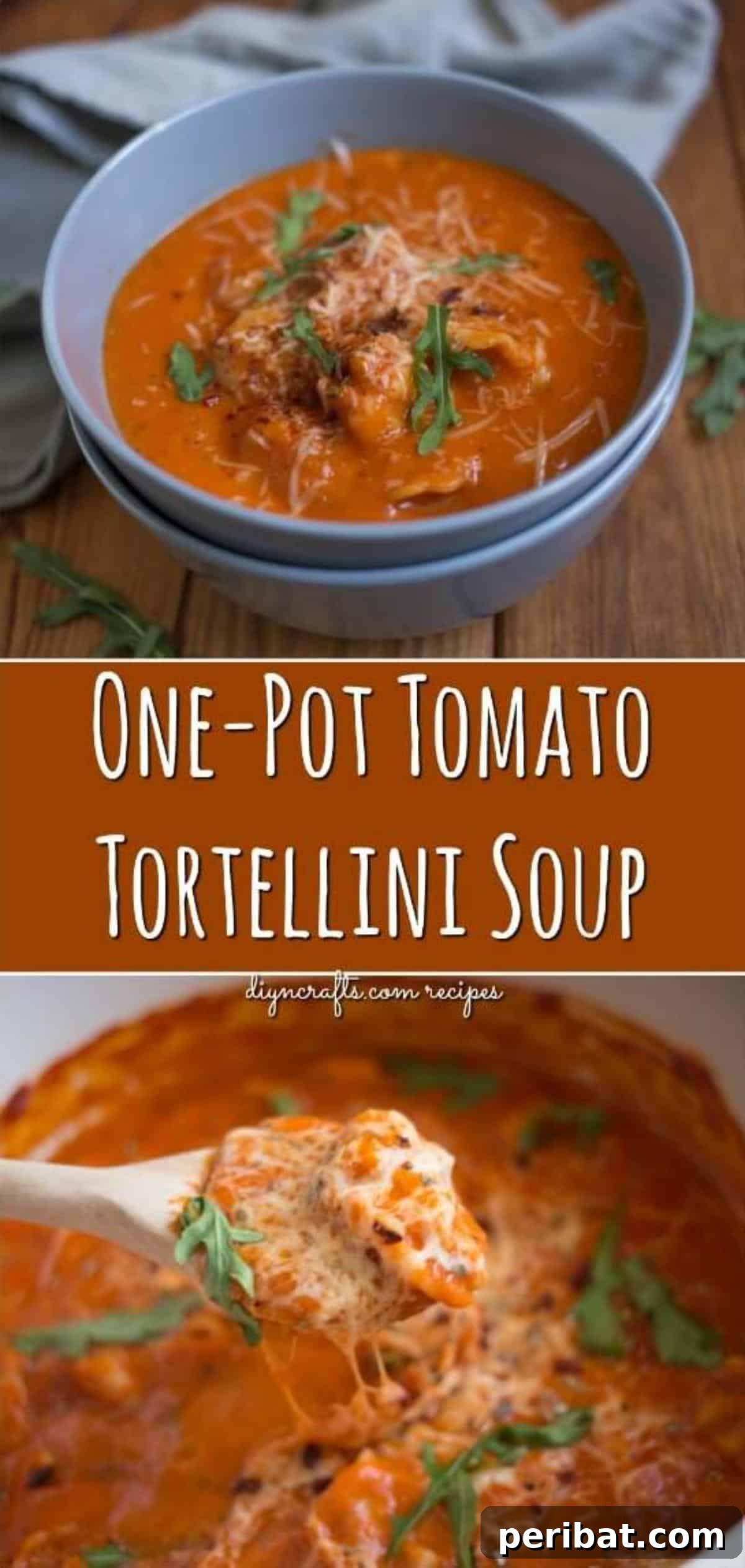 A vibrant bowl of one-pot tomato tortellini soup, garnished with fresh herbs and a drizzle of cream, perfect for busy weeknights.