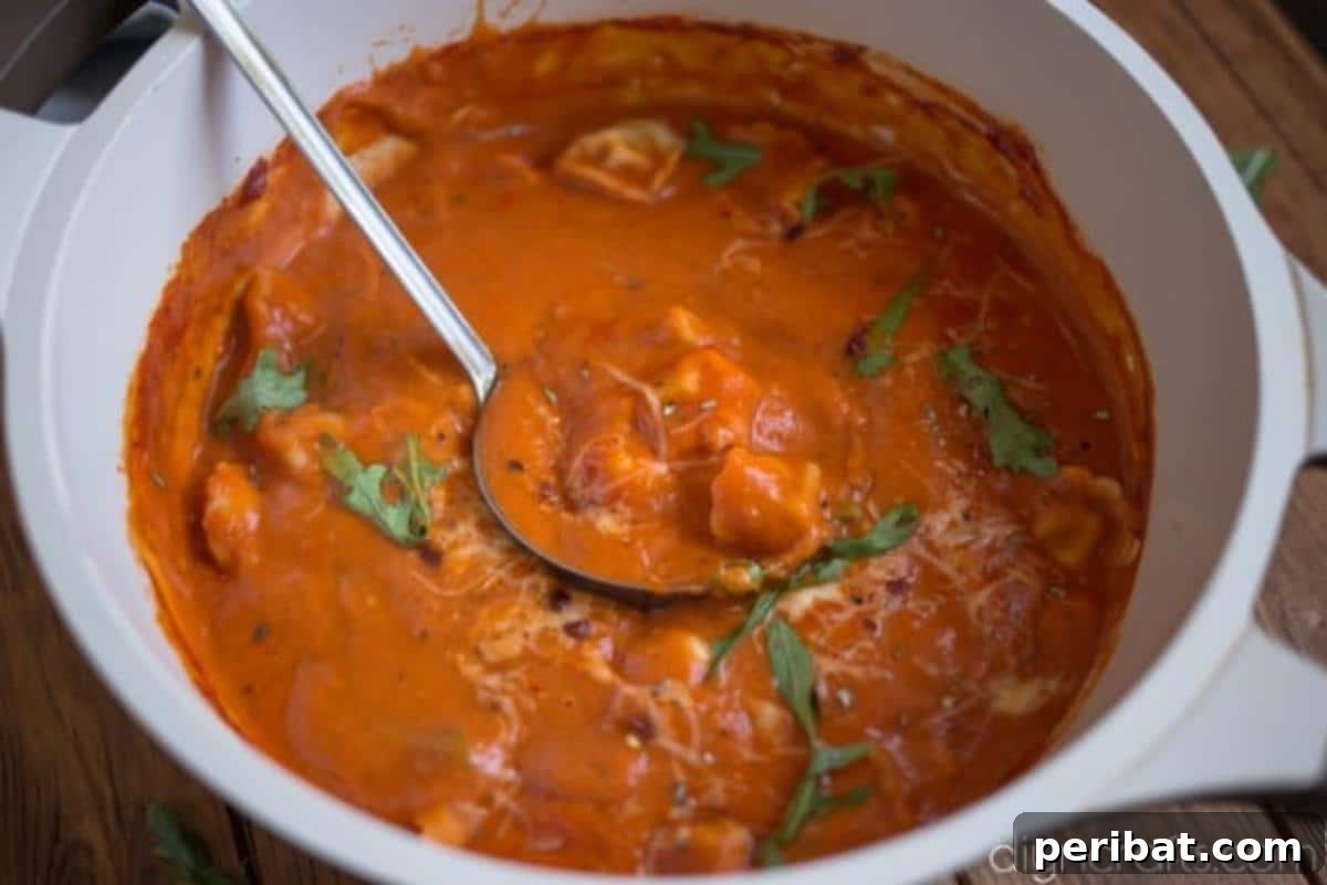 Close-up of a steaming bowl of tomato tortellini soup, showing the tender tortellini and rich broth.