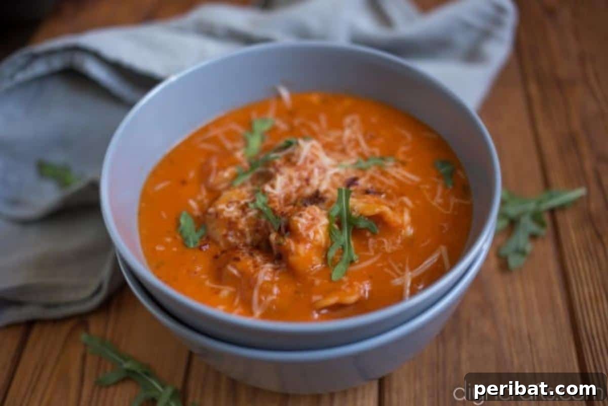 A full bowl of one-pot tomato tortellini soup on a rustic wooden table, ready to be served.