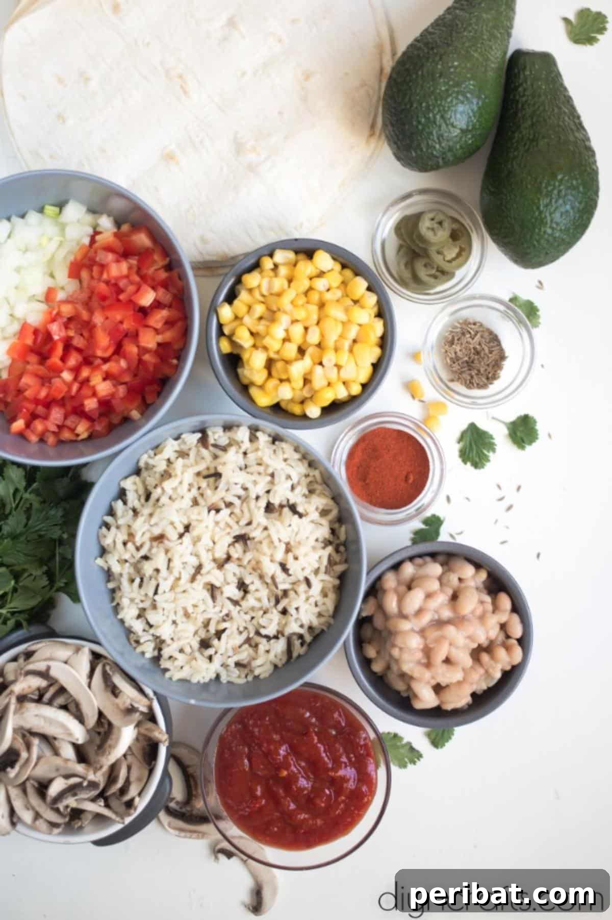 Vegan Burrito Power: High-Protein, Low-Fat Snacking Perfected 3 Fresh and vibrant ingredients for homemade vegan burritos.