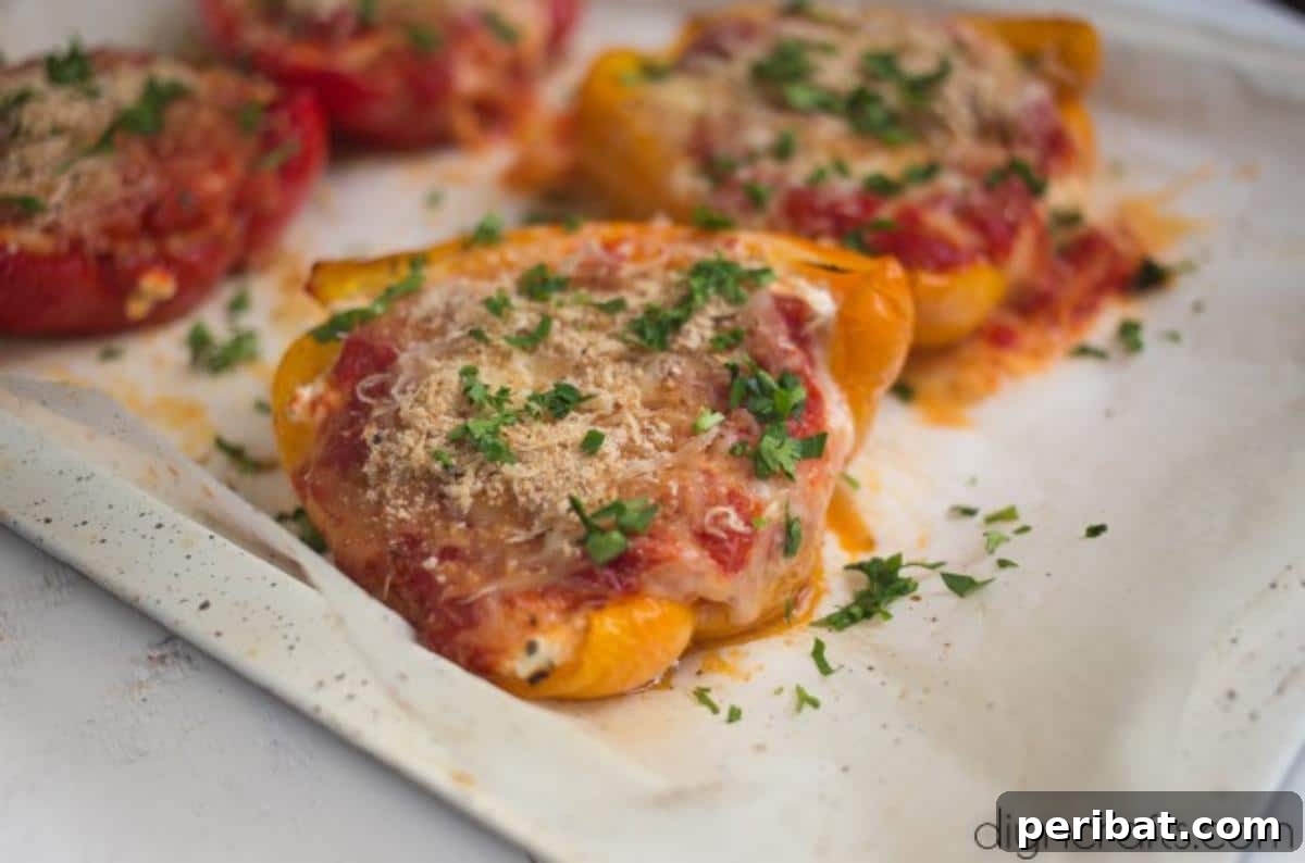 Italian Three Cheese Stuffed Peppers: Your New Favorite All-in-One Dinner 5 Cheese stuffed peppers on a tray.