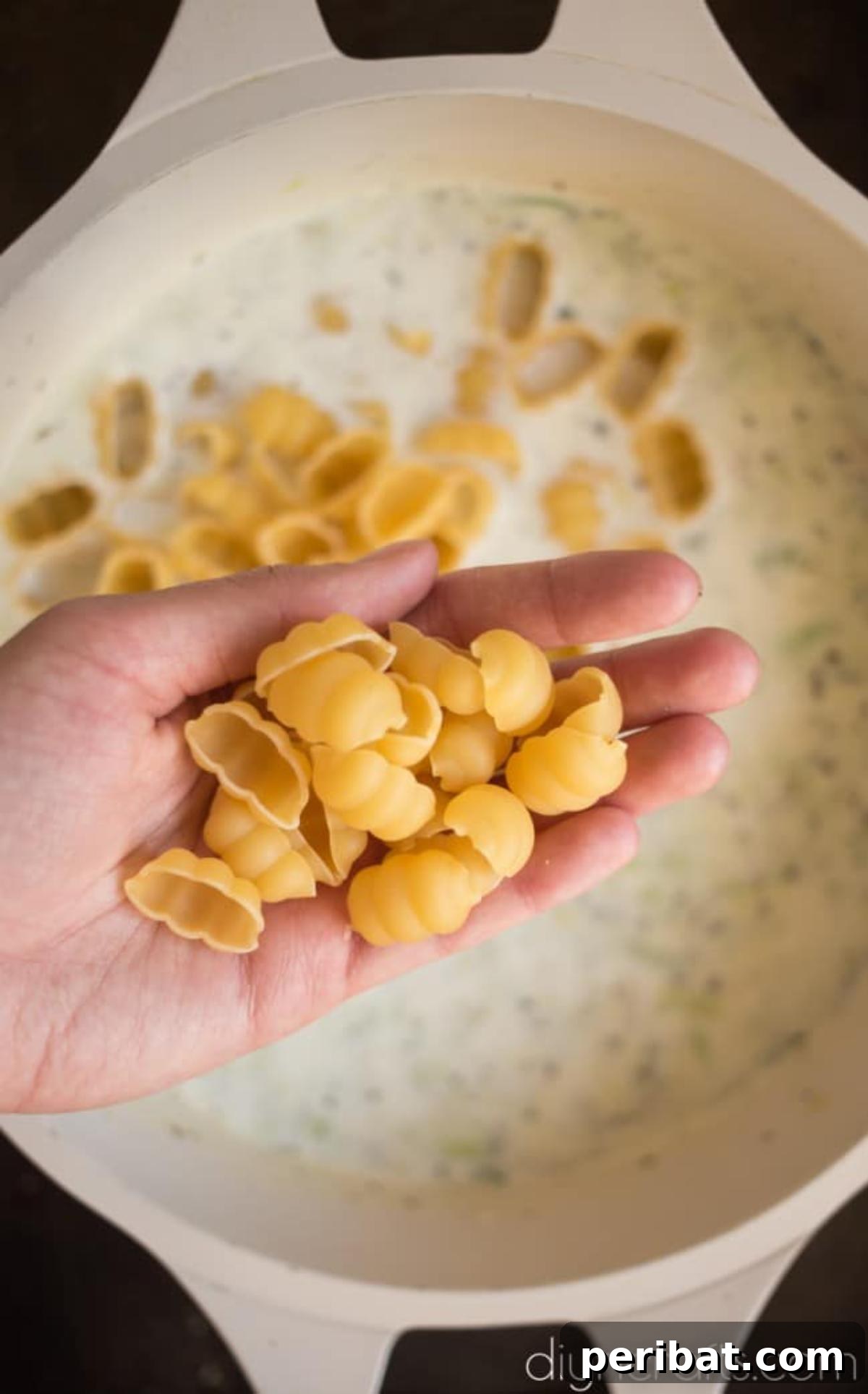 Gnocchi pasta being added to the simmering creamy soup base.
