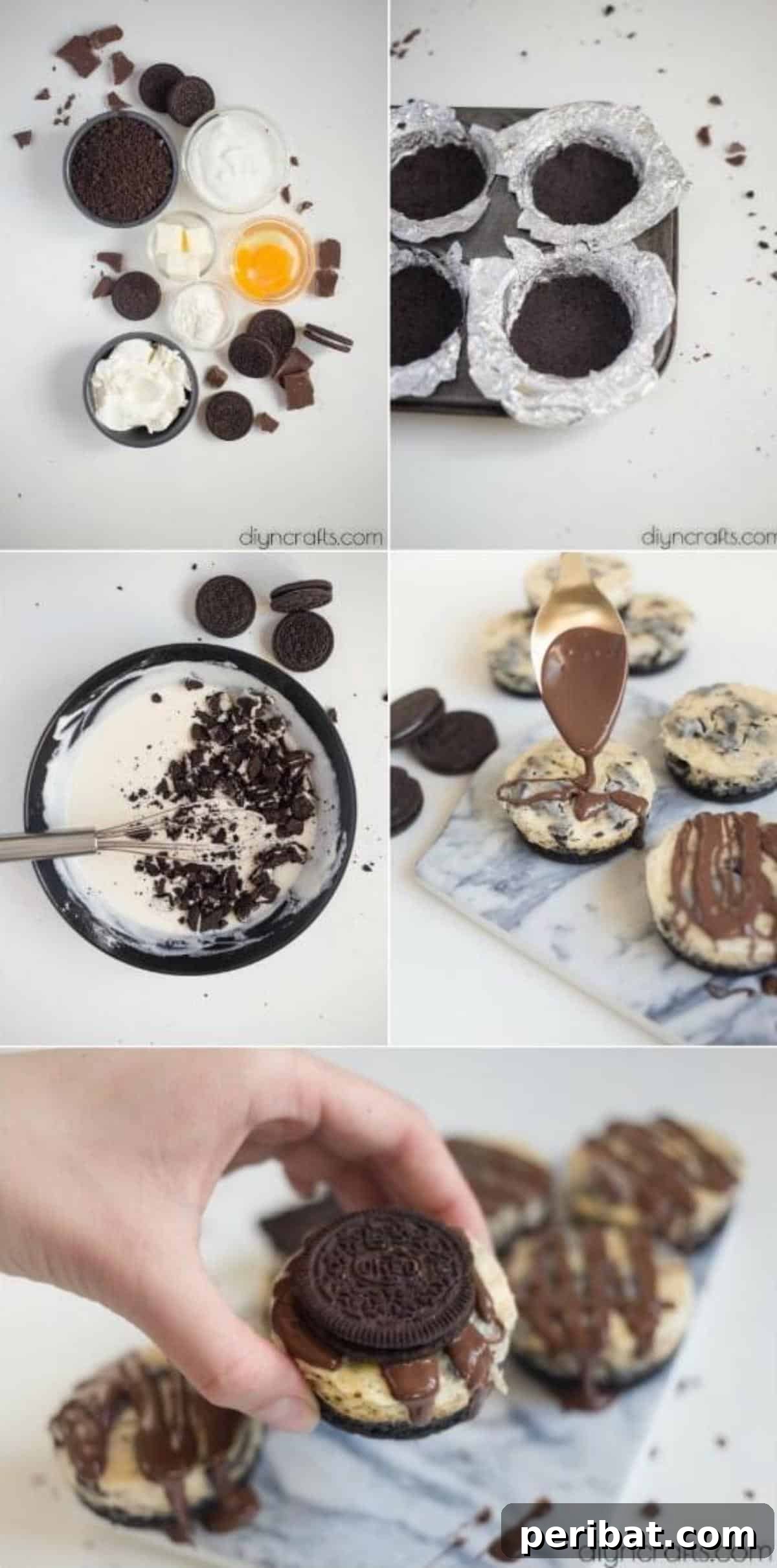 Be The Hit Of Every Party With These Oreo Cheesecake Bites - A close-up of delicious, perfectly sized Oreo cheesecake bites on a white platter, garnished with crumbled Oreos and chocolate drizzle, ready for serving.