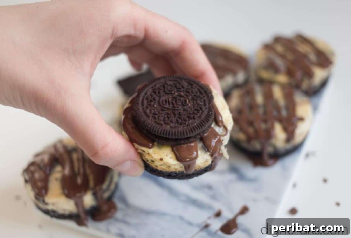 Holding an Oreo cheesecake bar - A hand holding up a single, perfectly formed Oreo cheesecake bite, showcasing its layers and chocolate drizzle, against a blurred background.