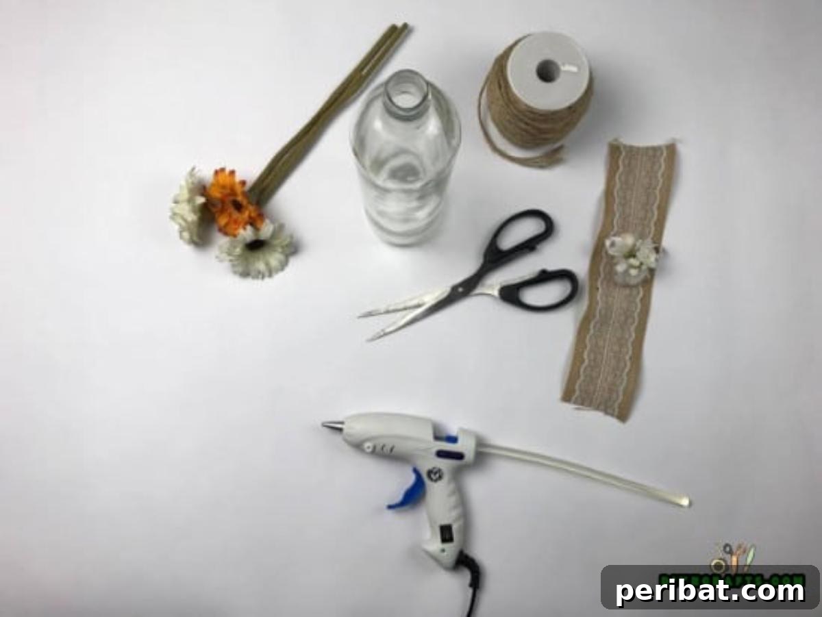 Craft Beautiful Vases from Repurposed Wine Bottles 3 Materials needed for the rustic decor bottle, including an empty bottle, twine, glue, and decorative elements.