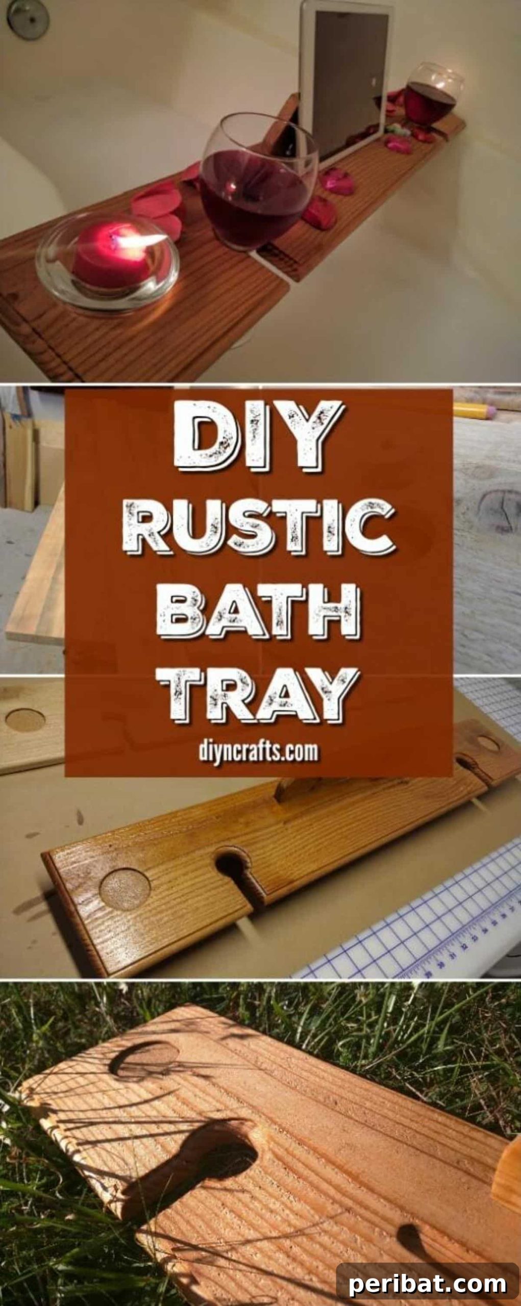 A gorgeously rustic wooden bath tray holding a wine glass, a book, and a candle, enhancing a relaxing bath experience.
