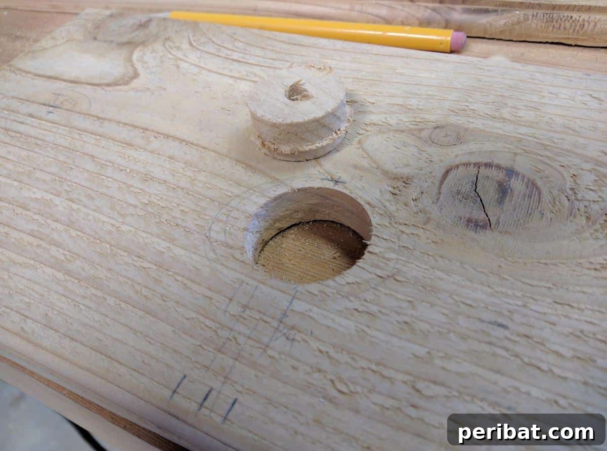 Close-up of a cleanly drilled hole in the wooden bath tray, ready to hold a beverage.