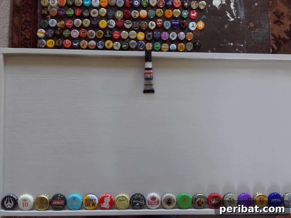 Man Cave Upgrade: Build a Vibrant Bottle Cap Table 7 Craftsperson meticulously gluing bottle caps onto the painted table surface in a pre-planned artistic pattern.