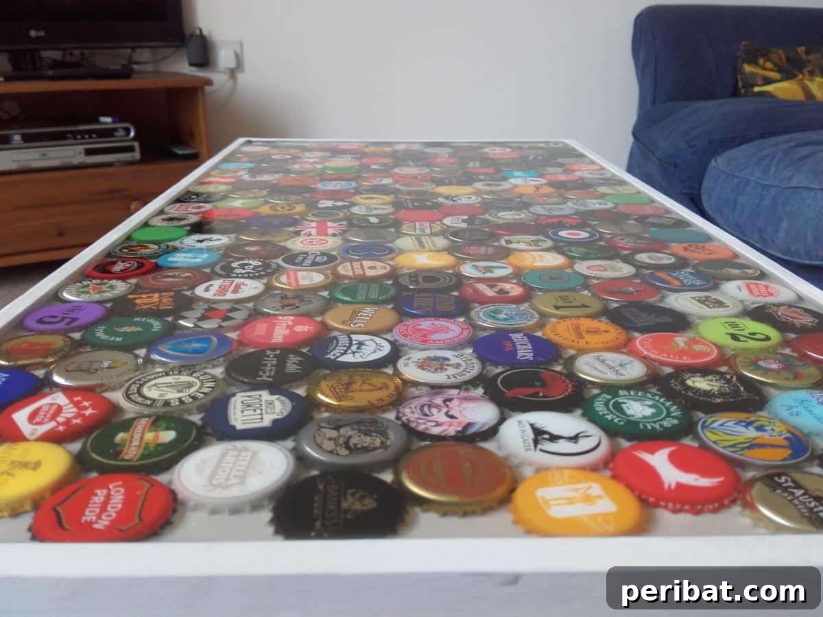 Man Cave Upgrade: Build a Vibrant Bottle Cap Table 9 Close-up of a completed bottle cap table with a glossy, perfectly clear resin finish, highlighting the cap details.