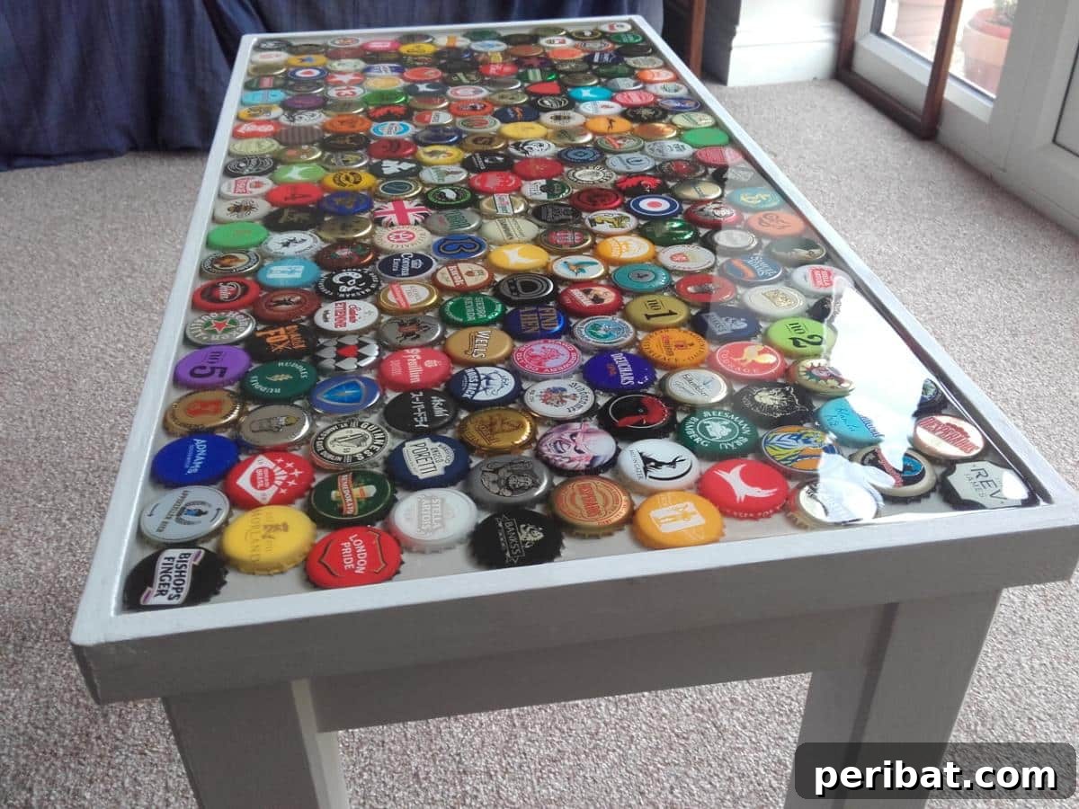 Man Cave Upgrade: Build a Vibrant Bottle Cap Table 10 Finished bottle cap table displaying vibrant colors and textures beautifully preserved under the durable resin.