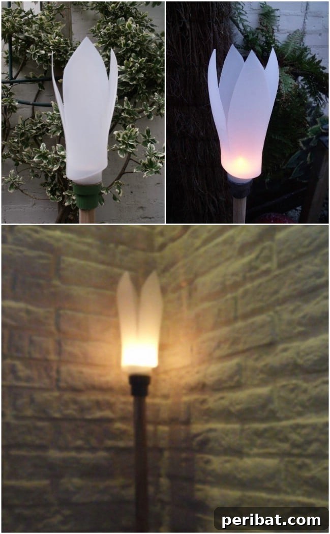 Brilliant Upcycling Ideas for Laundry Jugs 12 Elegant DIY Garden Light resembling a flower, made from a repurposed detergent bottle