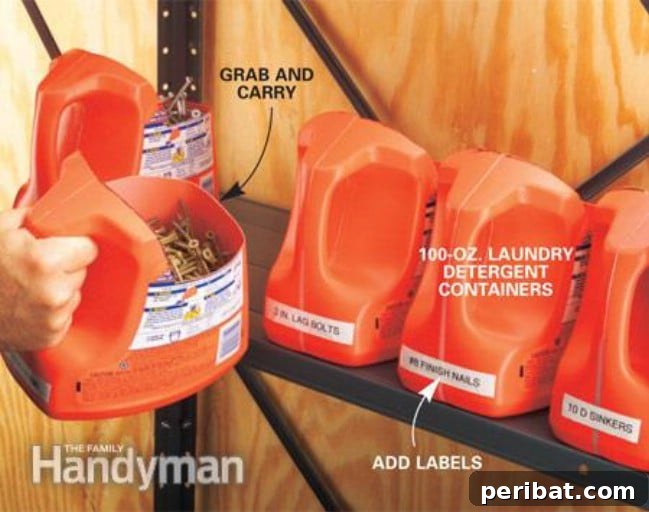 Brilliant Upcycling Ideas for Laundry Jugs 21 Tool Shed Storage From Laundry Bottles for nails and screws
