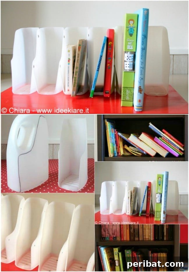Brilliant Upcycling Ideas for Laundry Jugs 6 Easy DIY Book Organizer made from upcycled laundry detergent bottles