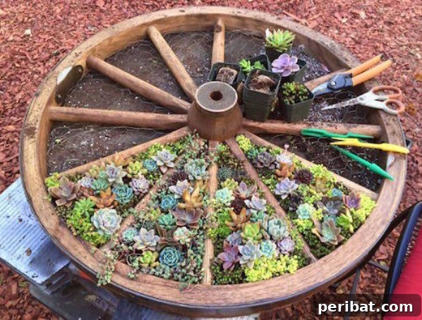 Effortless Backyard Beauty: 30 DIY Succulent Garden Inspirations 25 Old Wagon Wheel Planter