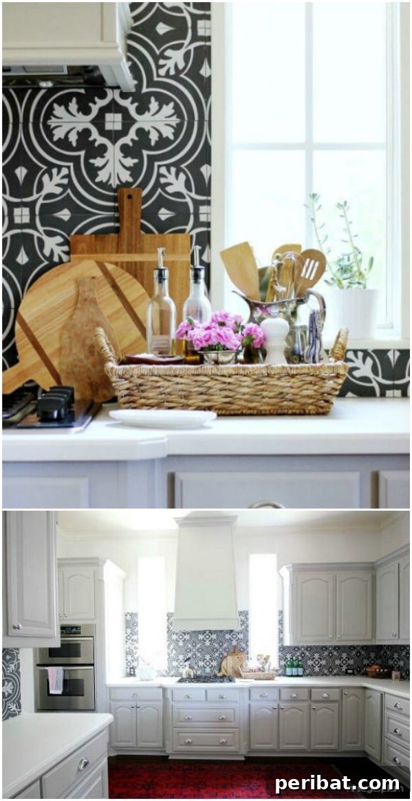 Kitchen with Statement Tile Backsplash and Updated Cabinets
