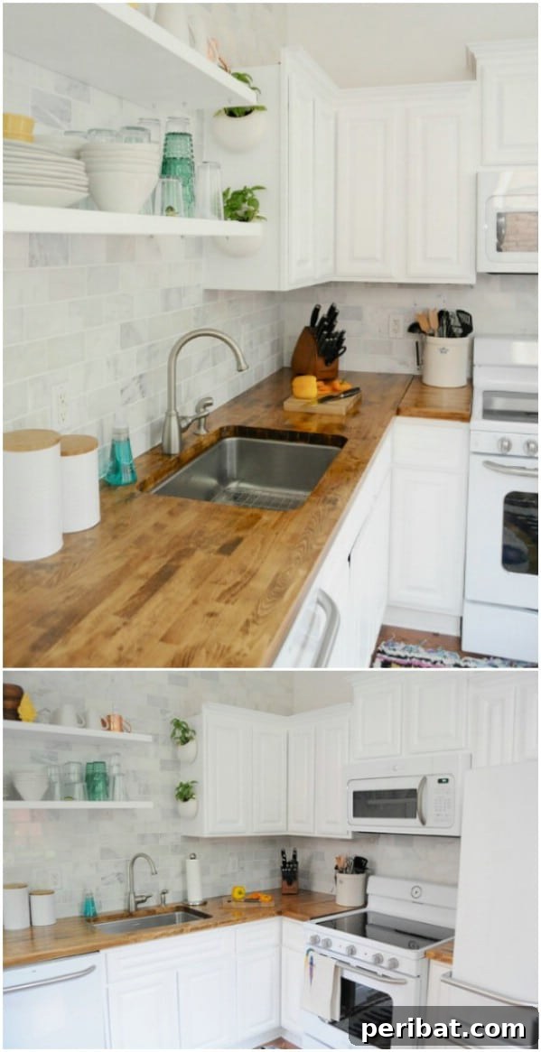 Kitchen with Butcher Block Countertops and Open Shelving