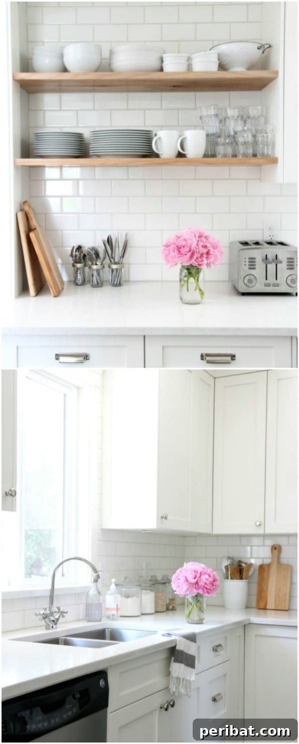 Kitchen with Natural Wood Open Shelving against White Cabinets