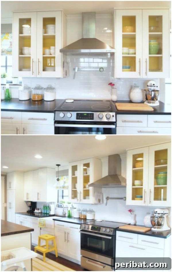 Kitchen with Yellow Cabinet Interiors and White Cabinets