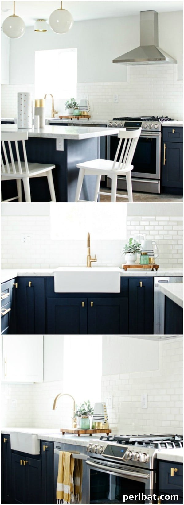 Navy and Brass Kitchen with Dark Blue Cabinets and Gold Hardware