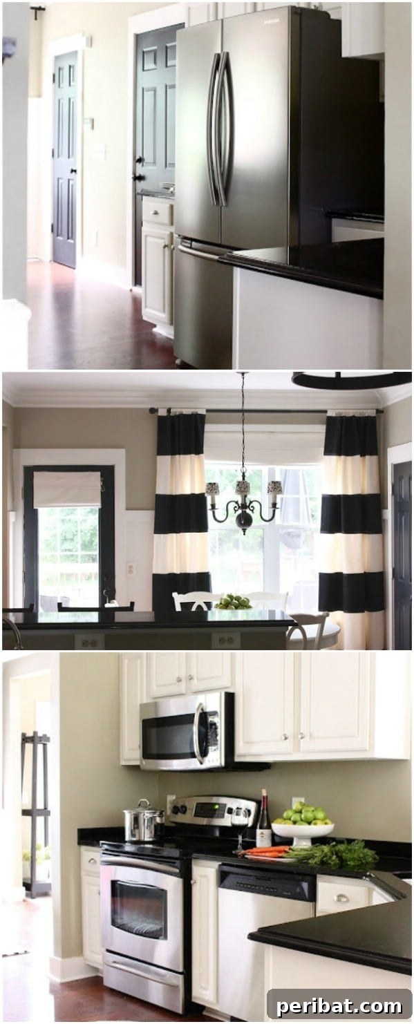 Black and White Kitchen with Marble Countertops and Wood Flooring