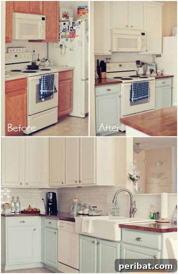 Blue and White Pastel Kitchen with Two-Tone Cabinets and Wood Countertops