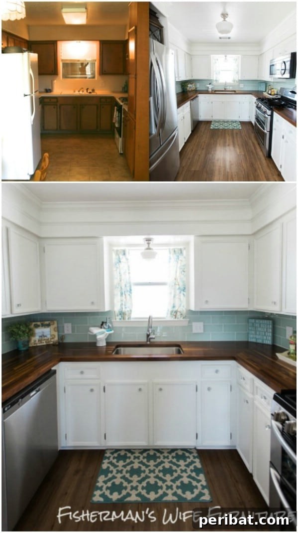 Stained Wood and Turquoise Tile Kitchen with White Cabinets