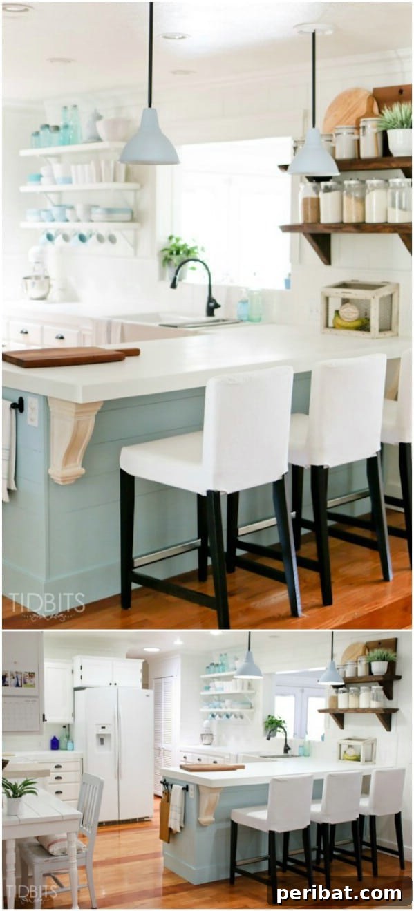 Blue and White Cottage Kitchen Cabinets with Embellished Island