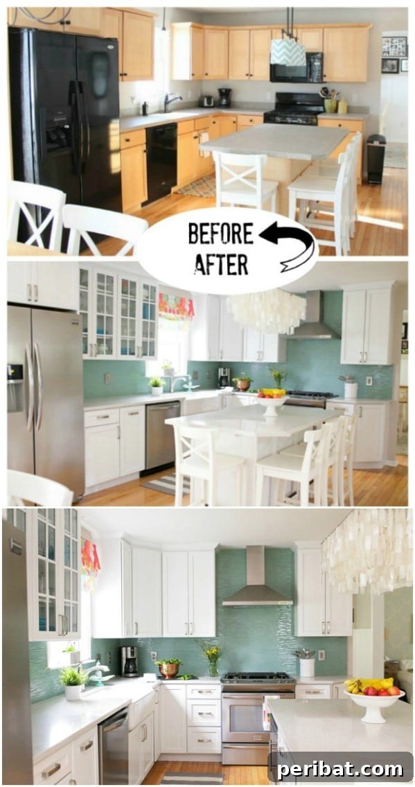 Pastel Kitchen with Blue Walls, White Cabinets, and White Island