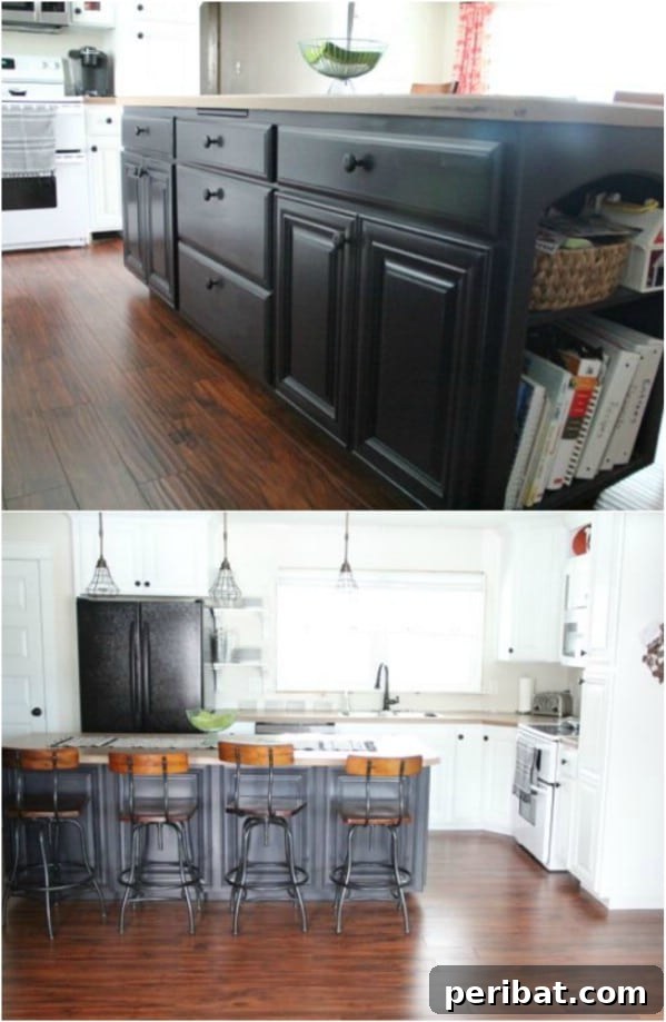 Wood and White Tuxedo Kitchen with Faux Brick Backsplash