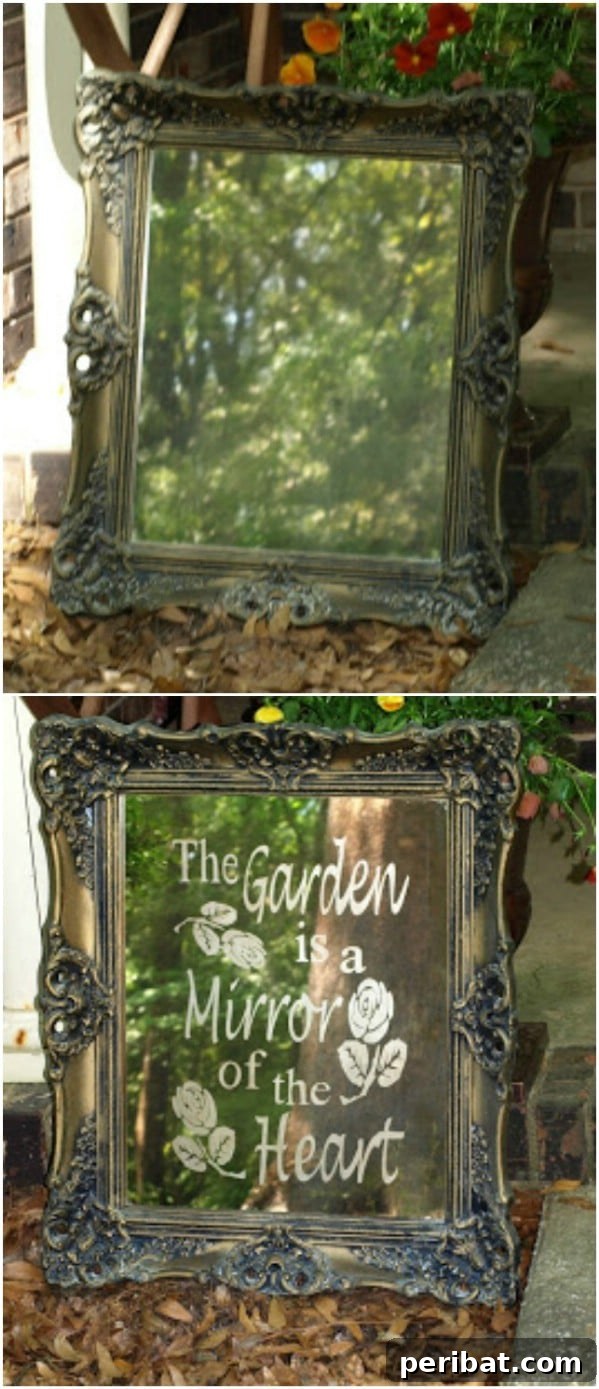 Repurposed Mirror Garden Art with a painted message