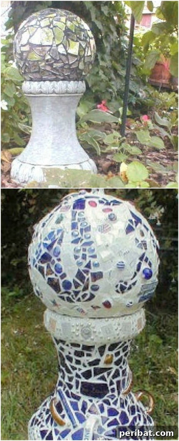 DIY Mirrored Gazing Ball made from a bowling ball and broken mirror pieces