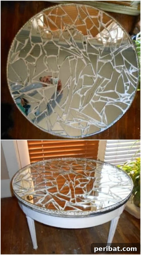 Upcycled Broken Mirror Tabletop, mosaic design