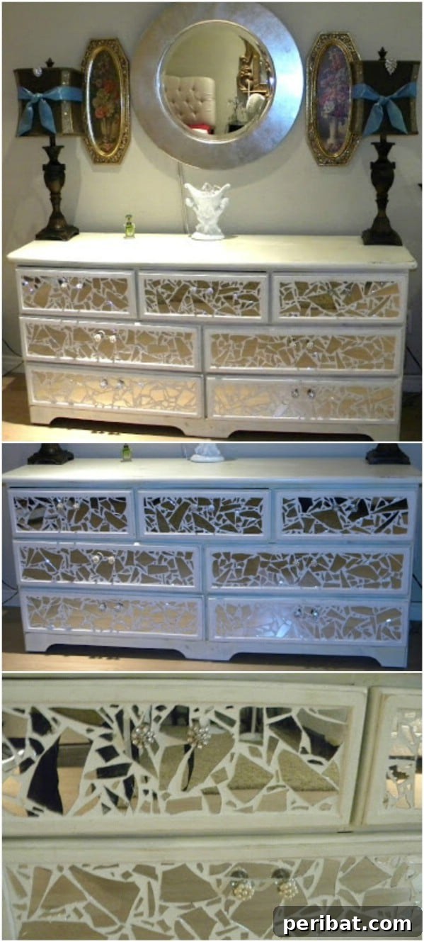 DIY Broken Mirror Dresser with mosaic drawer fronts