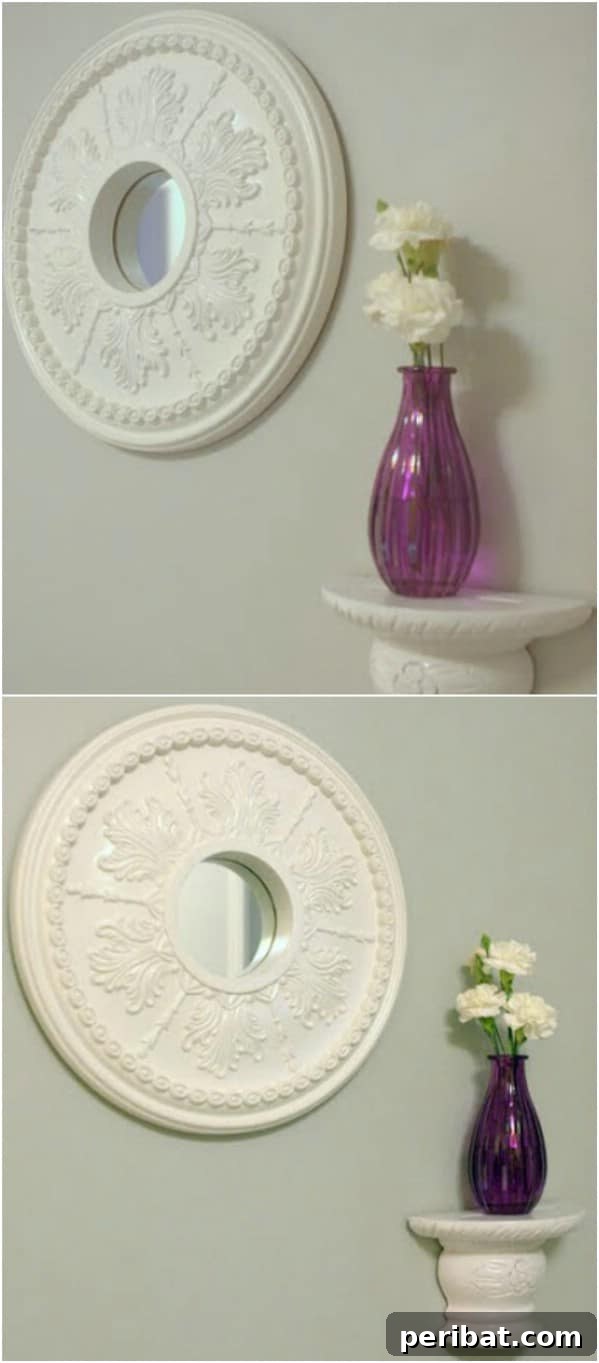 Upcycled Glass Medallion Mirror crafted from a ceiling medallion and broken mirror pieces