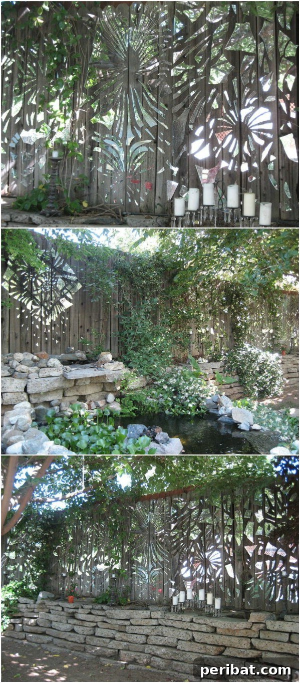 Mirror Mosaic Fence made from shattered mirror pieces creating outdoor art
