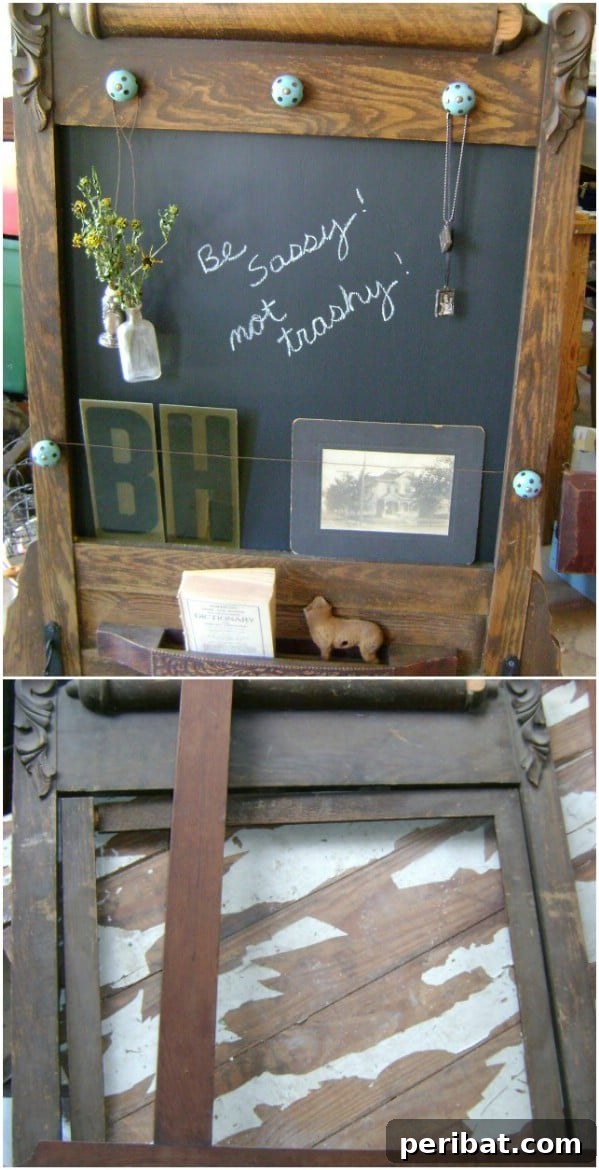 Repurposed Mirror transformed into a Family Communication Center with chalkboard and compartments