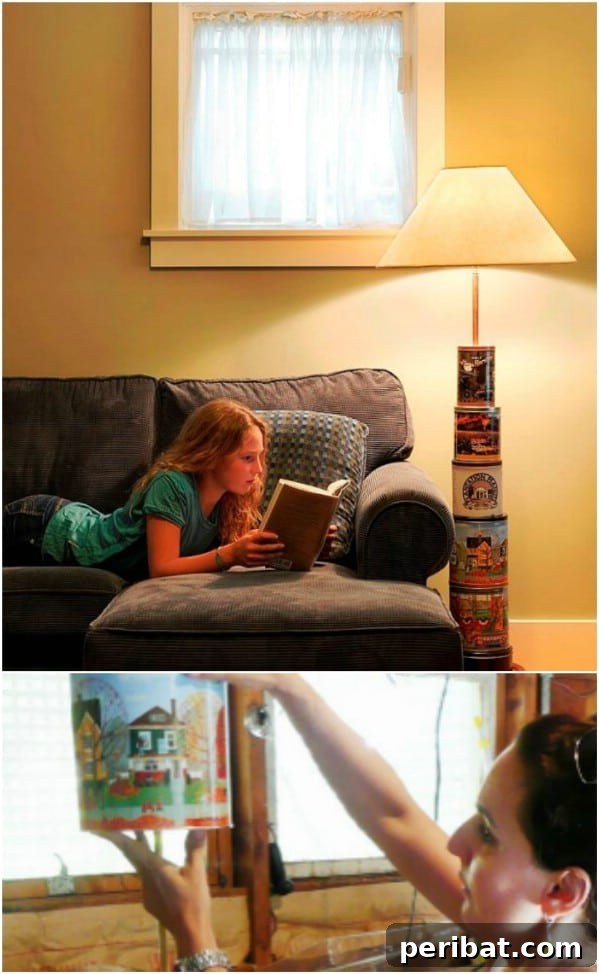 20 Ingenious Popcorn Tin Transformations 11 DIY Totem Styled Floor Lamp from Popcorn and Cookie Tins