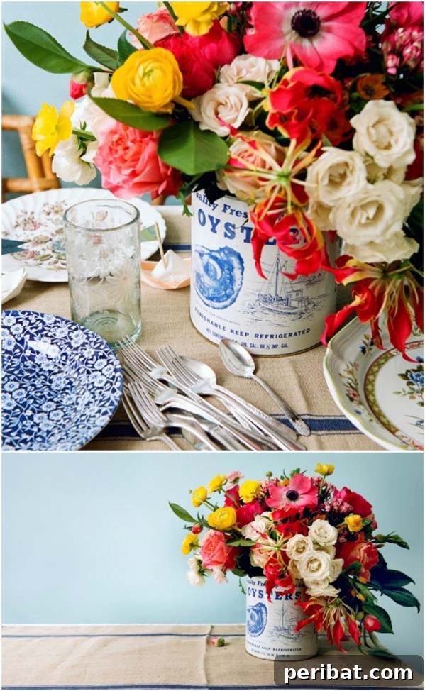 20 Ingenious Popcorn Tin Transformations 12 Repurposed Popcorn Tin Floral Centerpiece