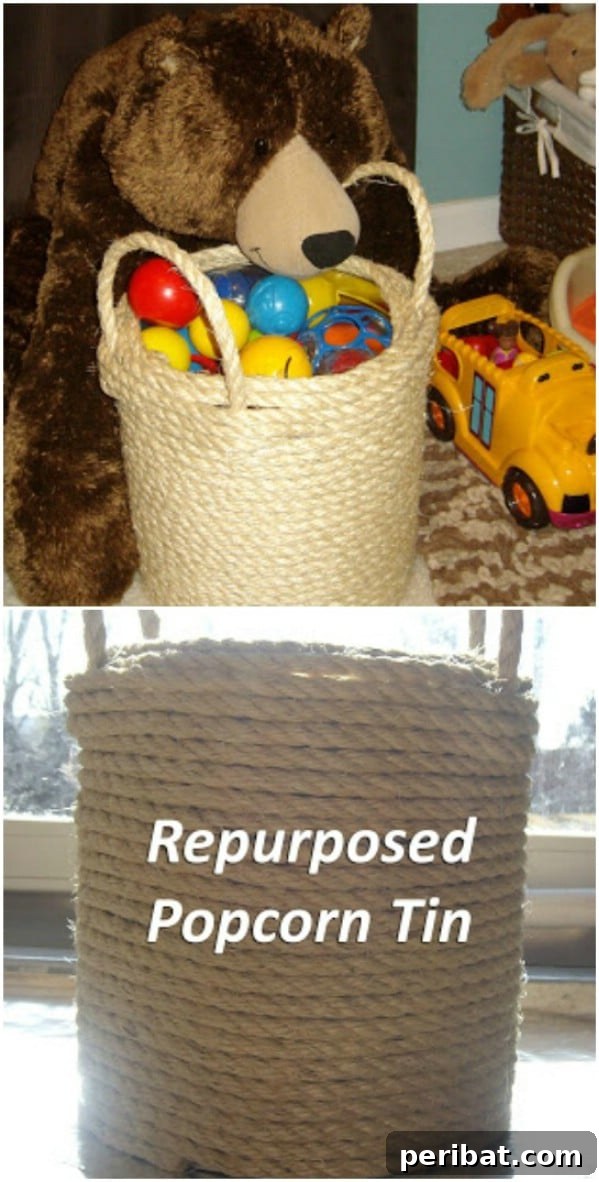20 Ingenious Popcorn Tin Transformations 20 Rope Covered Storage Tin with Handles