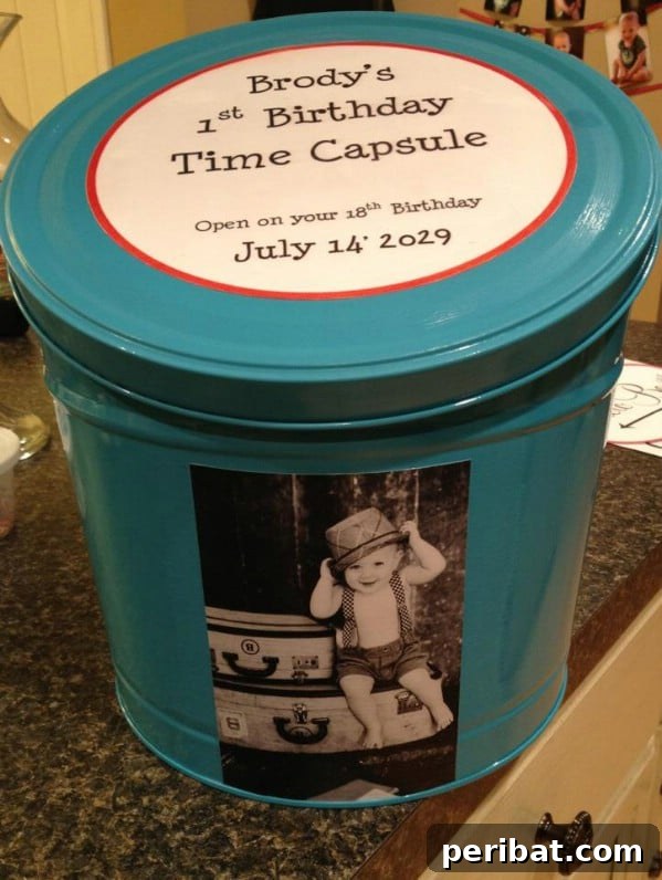 20 Ingenious Popcorn Tin Transformations 3 Birthday Time Capsule from Repurposed Popcorn Tin
