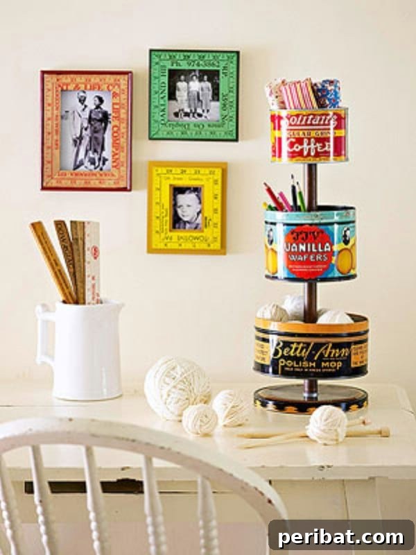 20 Ingenious Popcorn Tin Transformations 21 Vintage Tiered Craft Supply Organizer from Popcorn Tins