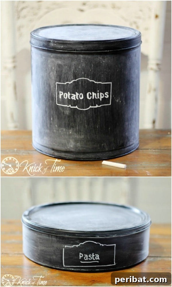 20 Ingenious Popcorn Tin Transformations 6 Easy Chalkboard Kitchen Canisters from Popcorn Tins
