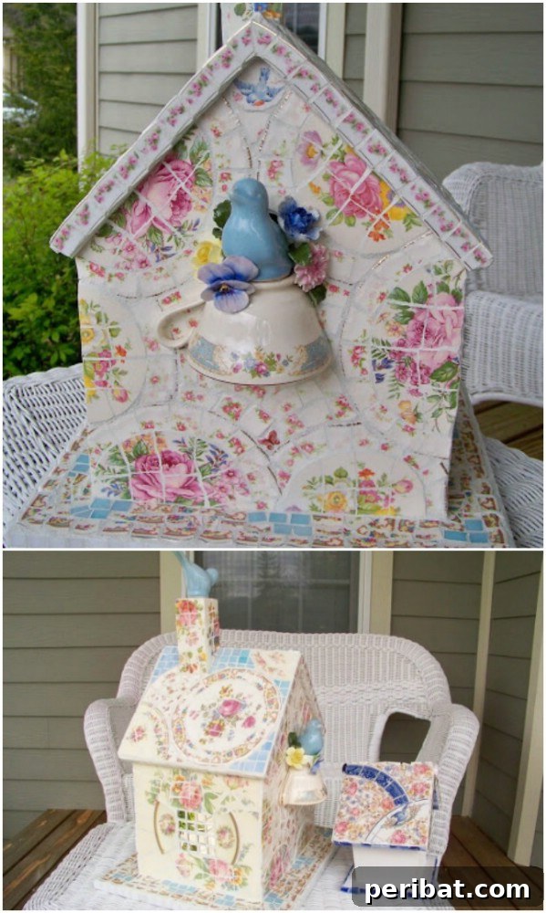 20 Creative DIYs for Broken China and Glass 8 DIY Mosaic Birdhouse From Broken China