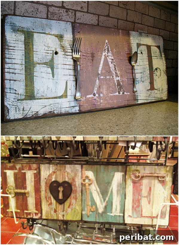 50 Charming Wooden Signs for Rustic Home Appeal 44 Distressed Wood Eat Sign with Metal Silverware for Kitchen